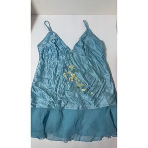 Secret Treasures Blue Satin Floral Embroidered Chemise Nightgown